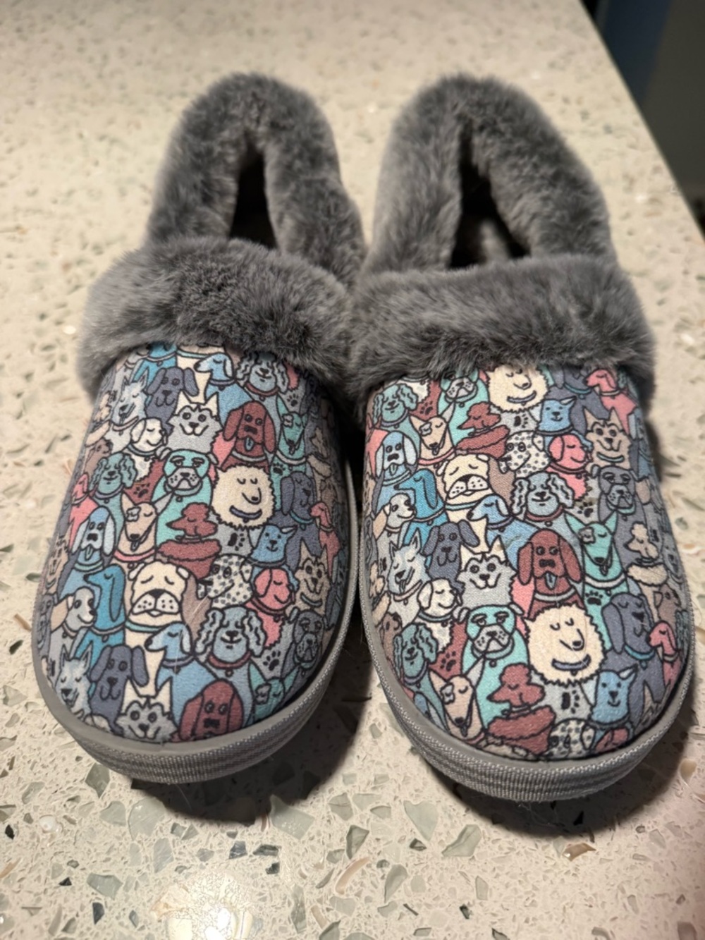 Skechers Kids Gray Fuzzy Dog-Print Slip-Ons